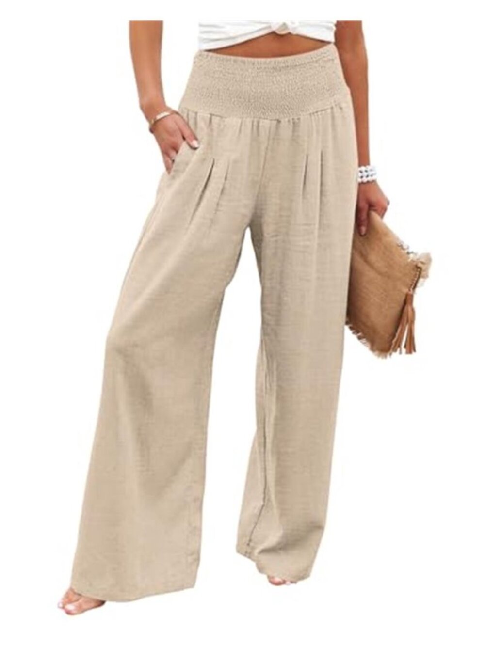 Womens Wide Leg Pants High Waisted Flowy Lounge Beach Pants Pockets